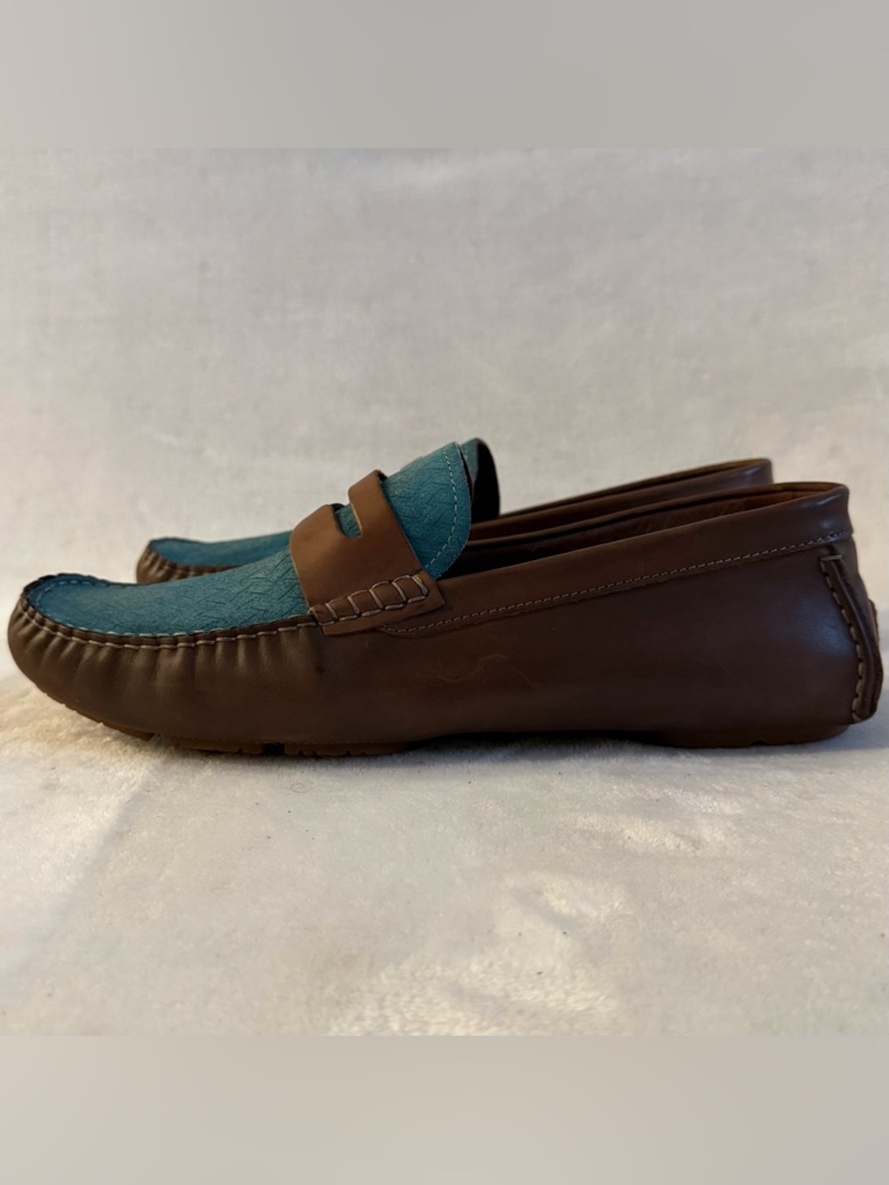 Bacco Bucci Albatros Leather Penny Loafers Tan Blue Suede - Picture 2 of 14